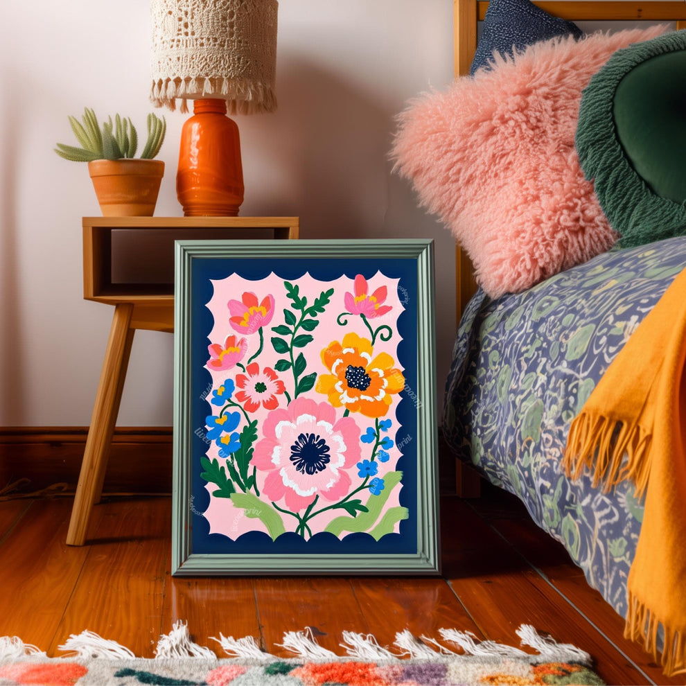 Pink and Navy Floral Wall Art – Navy Folk Art Print with Pink Flowers – Whimsical Botanical Home Decor