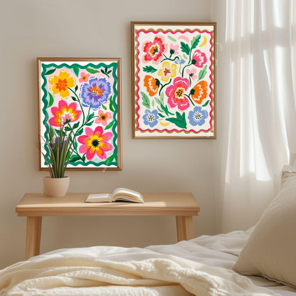 Pastel Floral Wall Art - Colorful Floral Print – Retro Pastel Folk Art Style – Cheerful Wall Art for Bedroom - Living Room Wall Art