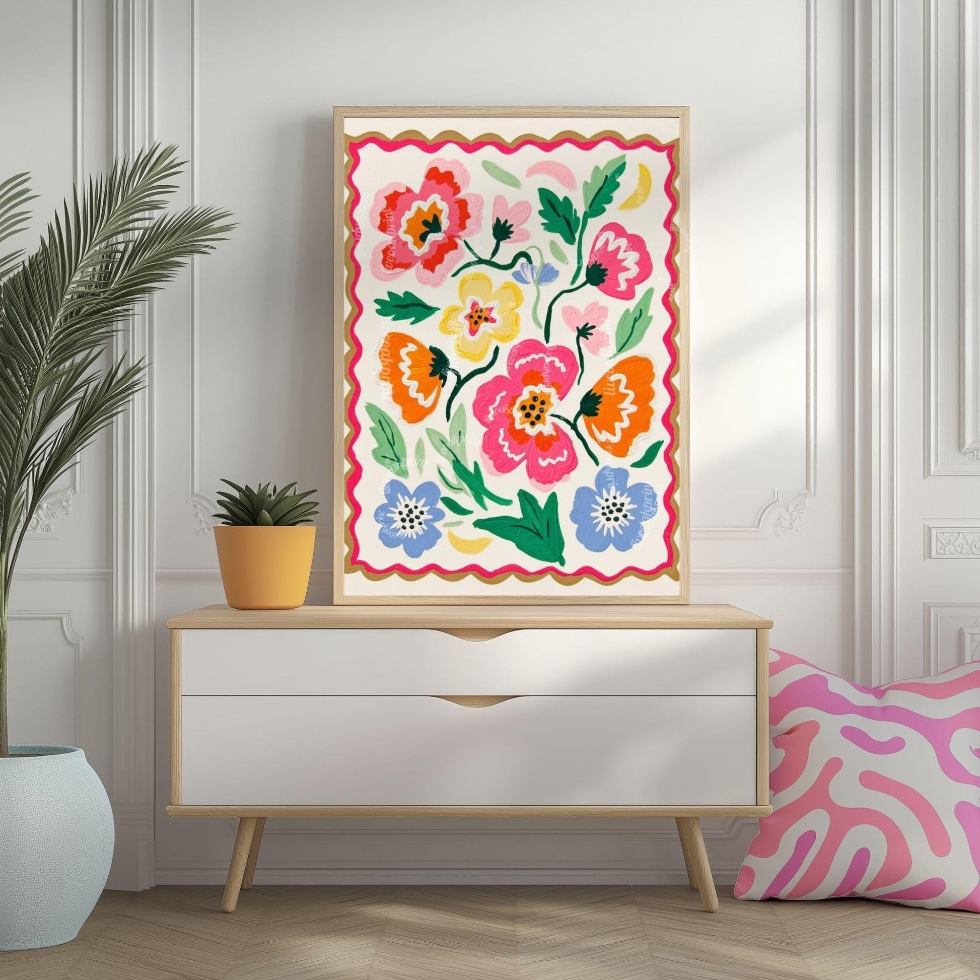 Pastel Floral Wall Art - Colorful Floral Print – Retro Pastel Folk Art Style – Cheerful Wall Art for Bedroom - Living Room Wall Art