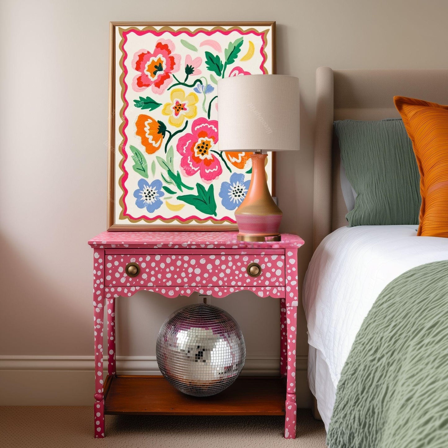 Pastel Floral Wall Art - Colorful Floral Print – Retro Pastel Folk Art Style – Cheerful Wall Art for Bedroom - Living Room Wall Art