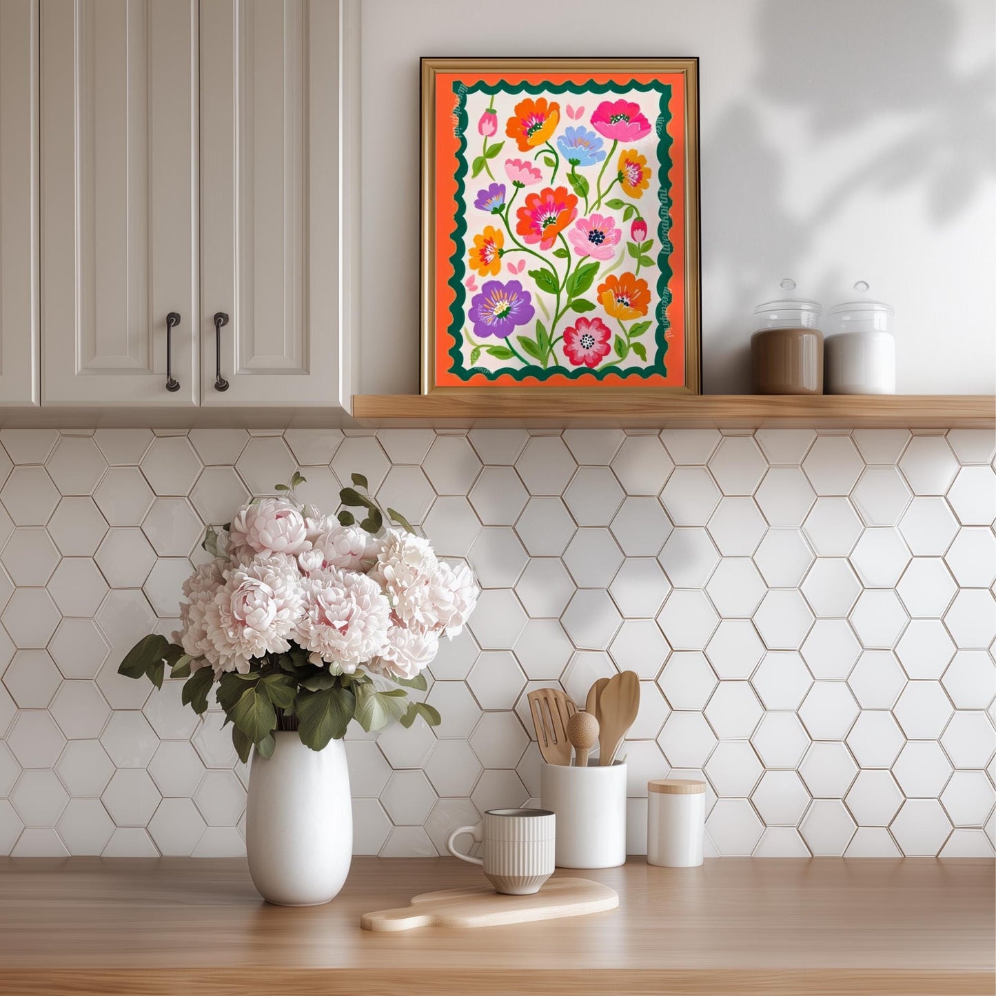 Green and Orange Floral Wall Art - Retro Floral Art Print - Midcentury Modern Home Decor Wall Art for Living Room