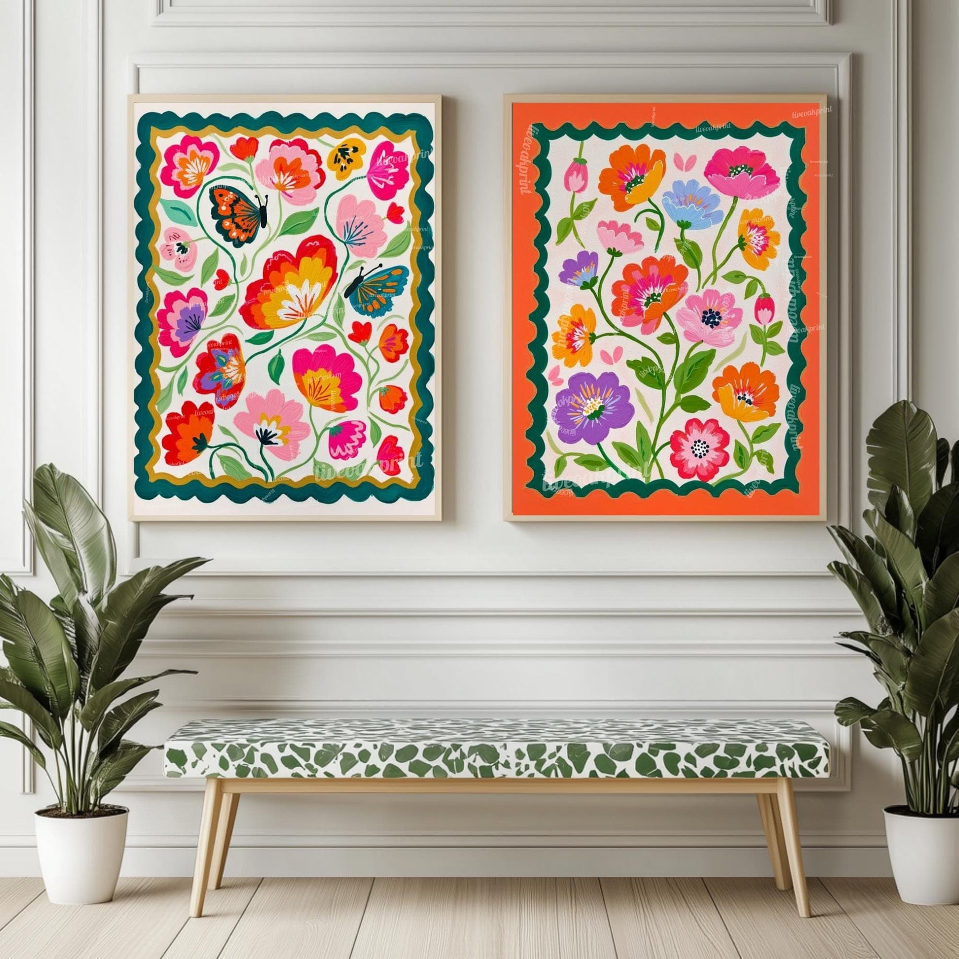 Green and Orange Floral Wall Art - Retro Floral Art Print - Midcentury Modern Home Decor Wall Art for Living Room