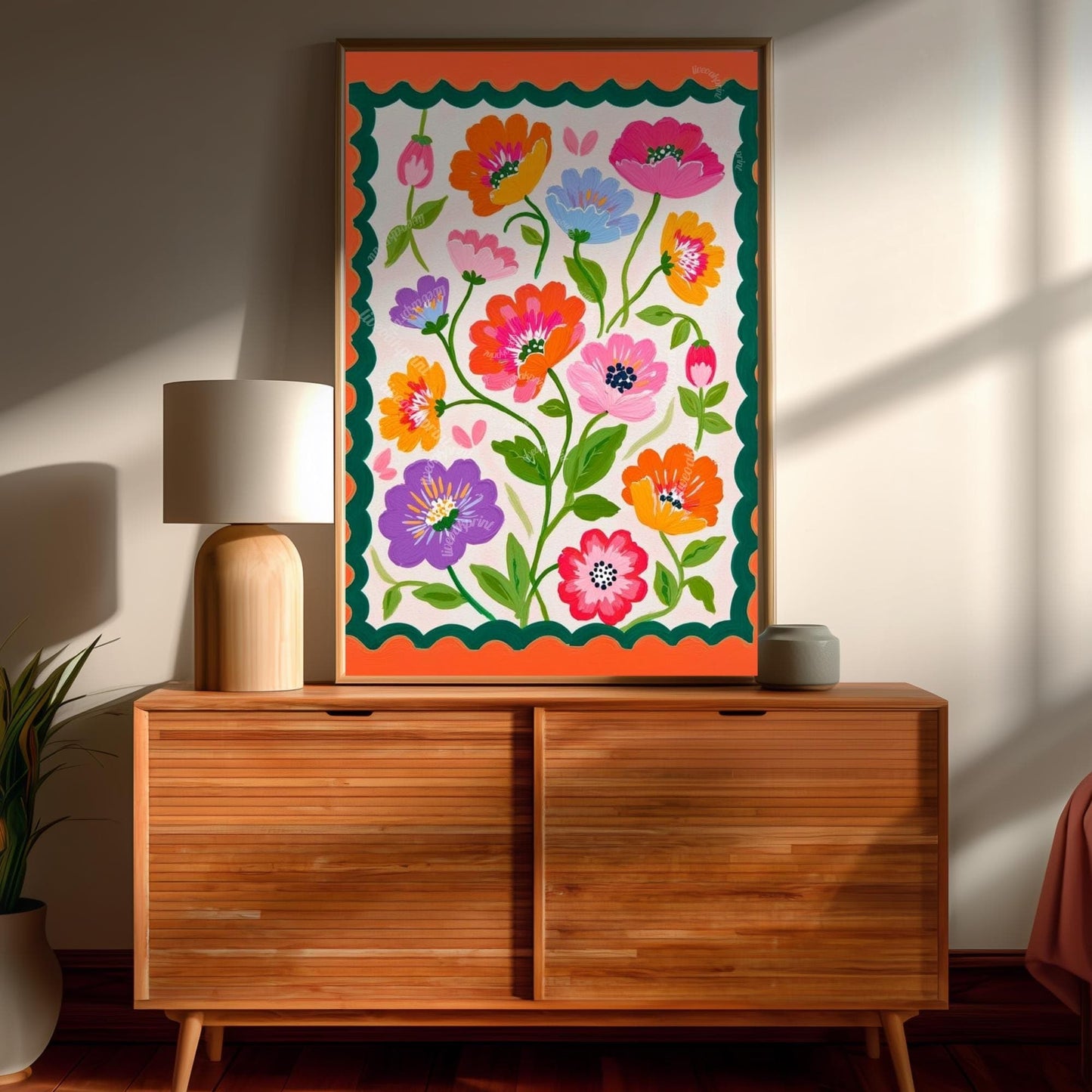 Green and Orange Floral Wall Art - Retro Floral Art Print - Midcentury Modern Home Decor Wall Art for Living Room