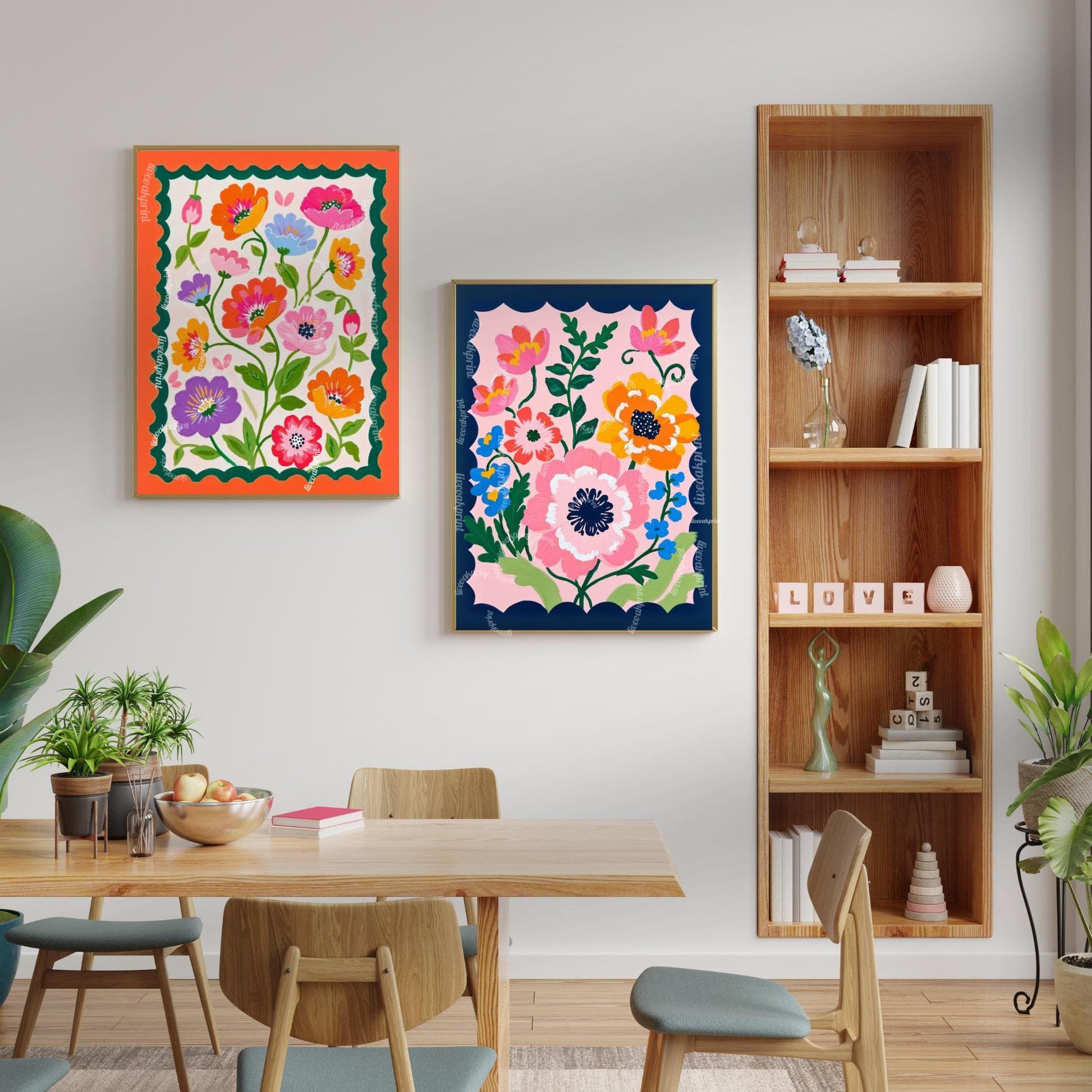Green and Orange Floral Wall Art - Retro Floral Art Print - Midcentury Modern Home Decor Wall Art for Living Room