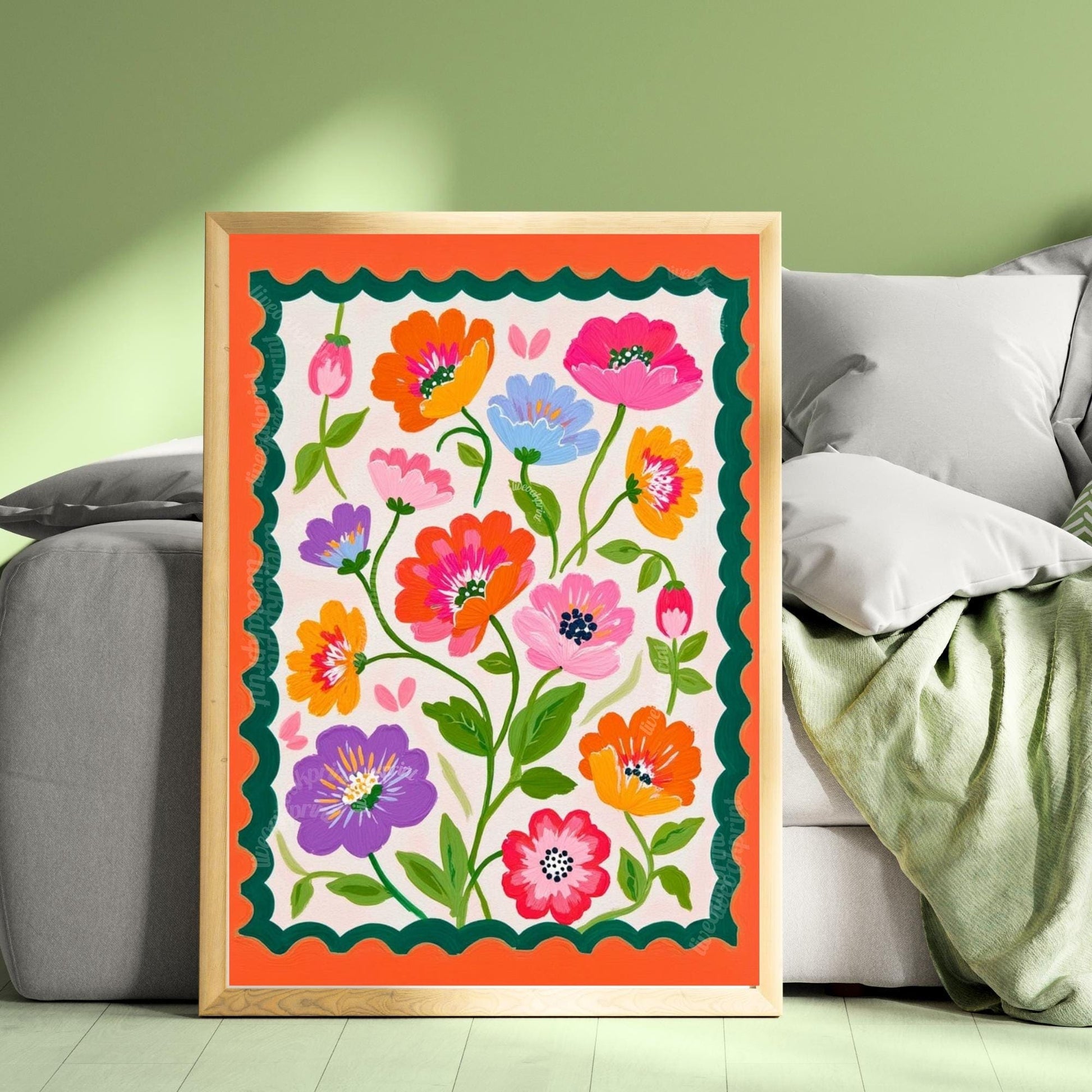 Green and Orange Floral Wall Art - Retro Floral Art Print - Midcentury Modern Home Decor Wall Art for Living Room