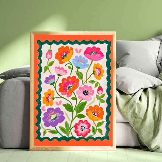 Green and Orange Floral Wall Art - Retro Floral Art Print - Midcentury Modern Home Decor Wall Art for Living Room
