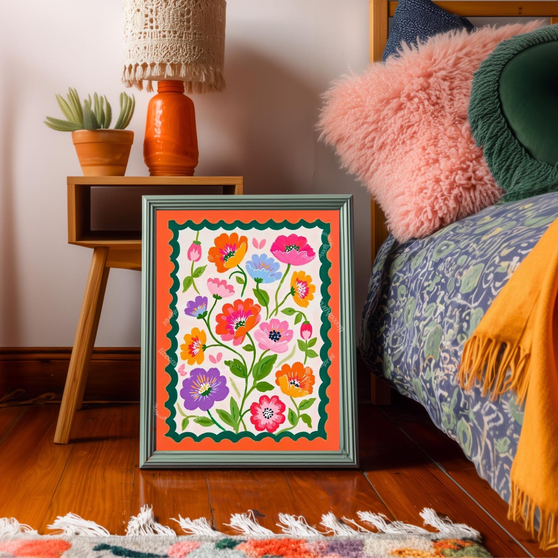 Green and Orange Floral Wall Art - Retro Floral Art Print - Midcentury Modern Home Decor Wall Art for Living Room