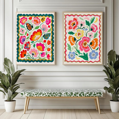 Butterfly Wall Art – Colorful Floral Print – Whimsical Botanical Home Decor Dopamine Art Print For Living Room or For Bedroom