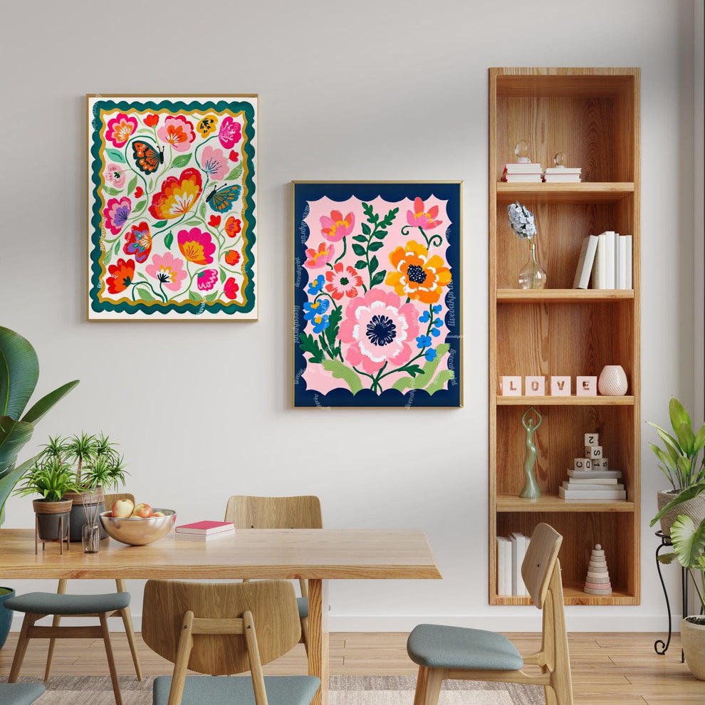 Butterfly Wall Art – Colorful Floral Print – Whimsical Botanical Home Decor Dopamine Art Print For Living Room or For Bedroom