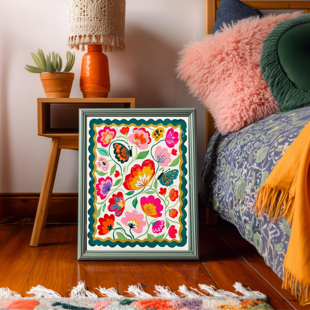 Butterfly Wall Art – Colorful Floral Print – Whimsical Botanical Home Decor Dopamine Art Print For Living Room or For Bedroom