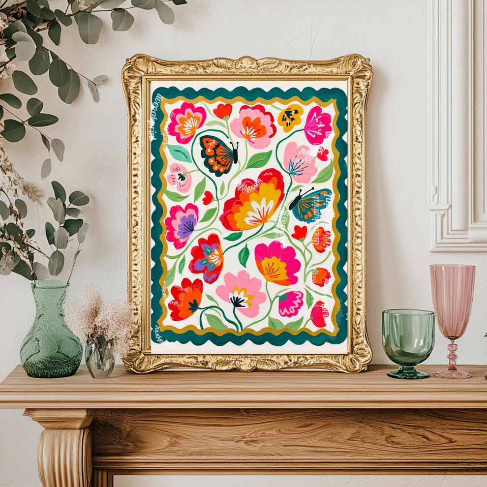 Butterfly Wall Art – Colorful Floral Print – Whimsical Botanical Home Decor Dopamine Art Print For Living Room or For Bedroom