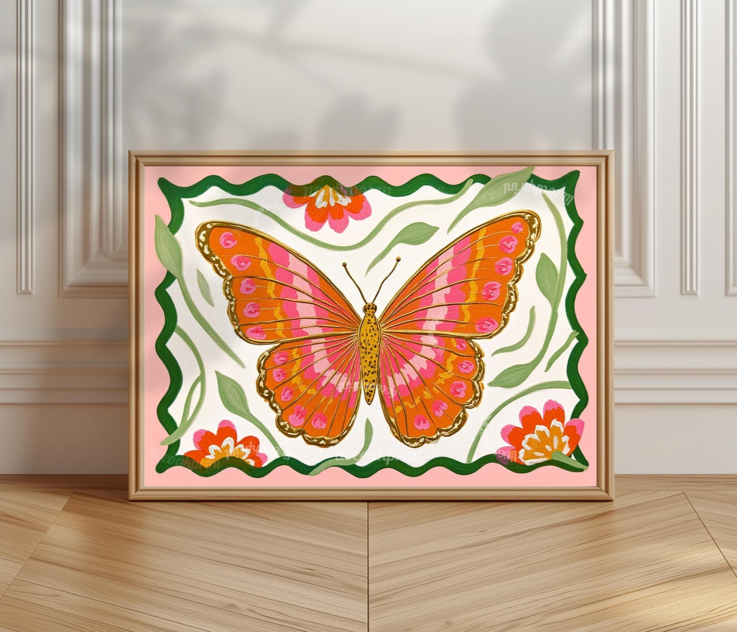 Butterfly Wall Art – Pink and Orange Folk Art Print – Whimsical Botanical Home Decor Horizontal Wall Art