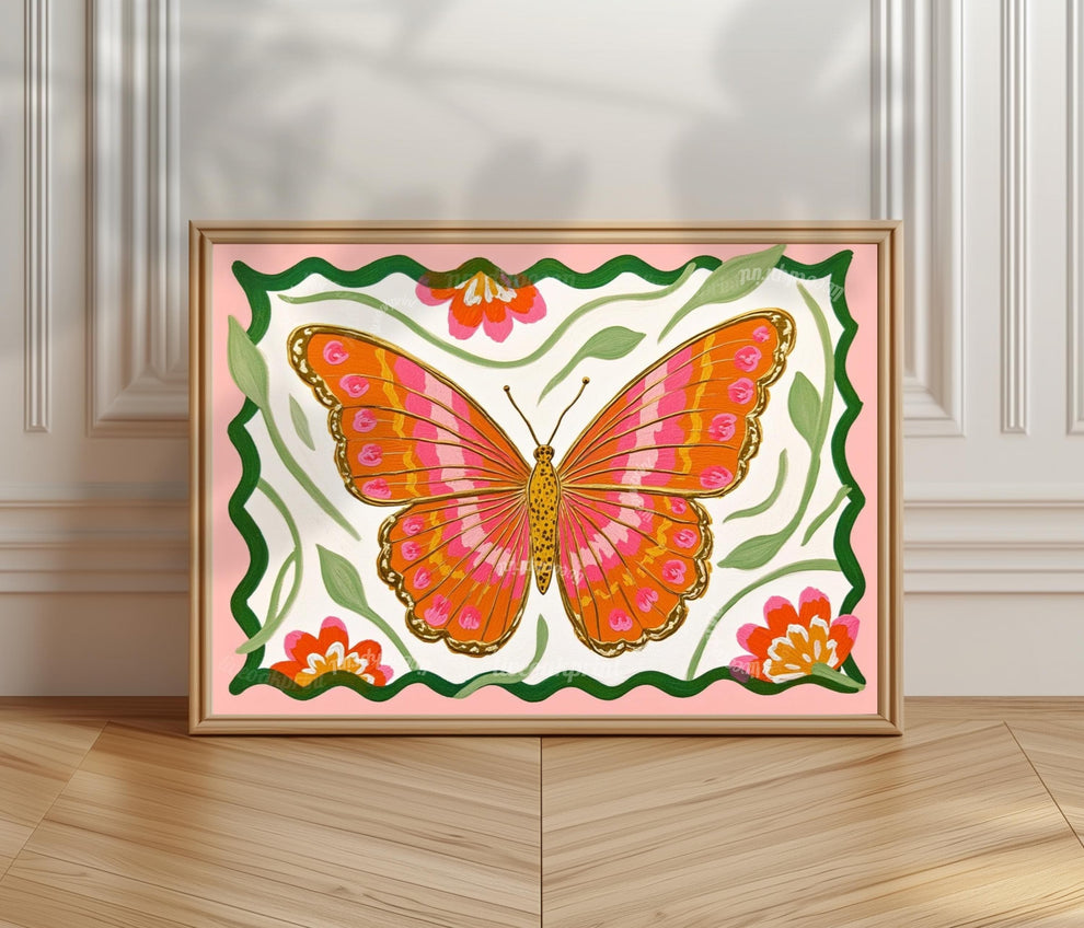 Butterfly Wall Art – Pink and Orange Folk Art Print – Whimsical Botanical Home Decor Horizontal Wall Art