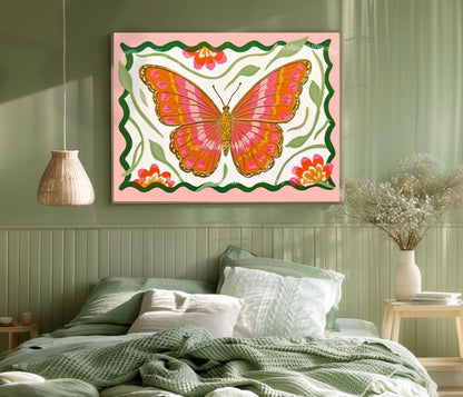 Butterfly Wall Art – Pink and Orange Folk Art Print – Whimsical Botanical Home Decor Horizontal Wall Art