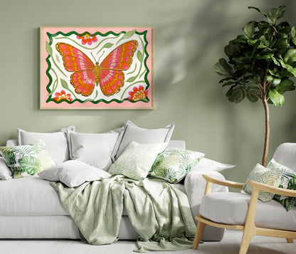 Butterfly Wall Art – Pink and Orange Folk Art Print – Whimsical Botanical Home Decor Horizontal Wall Art