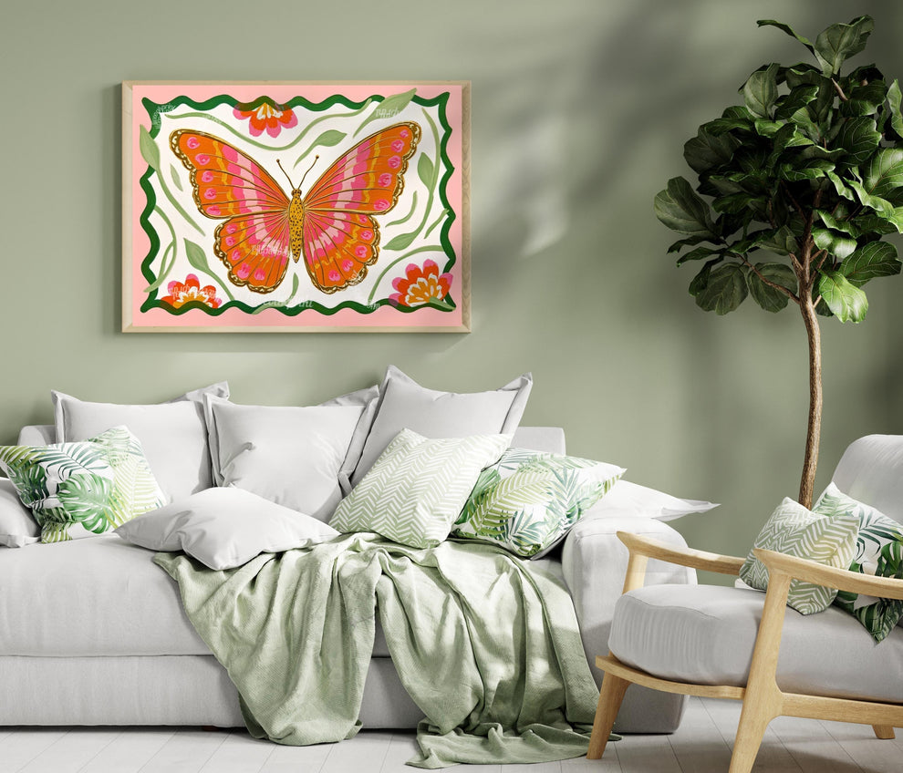 Butterfly Wall Art – Pink and Orange Folk Art Print – Whimsical Botanical Home Decor Horizontal Wall Art
