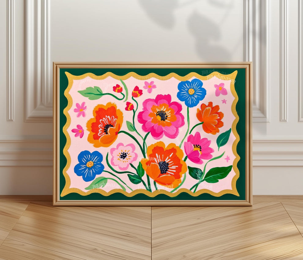 Floral Wall Art – Bold Folk Art Flower Print with Dark Green Border – Colorful Botanical Home Decor
