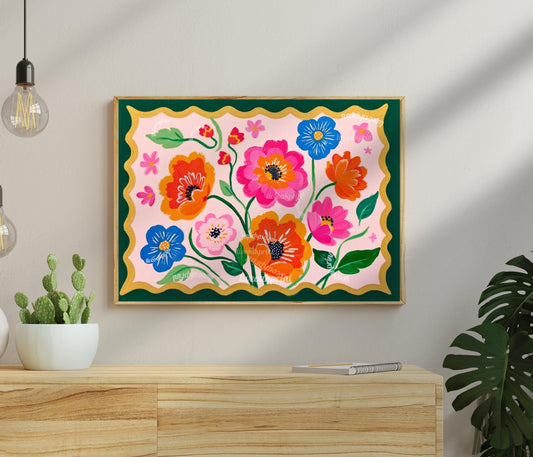 Floral Wall Art – Bold Folk Art Flower Print with Dark Green Border – Colorful Botanical Home Decor