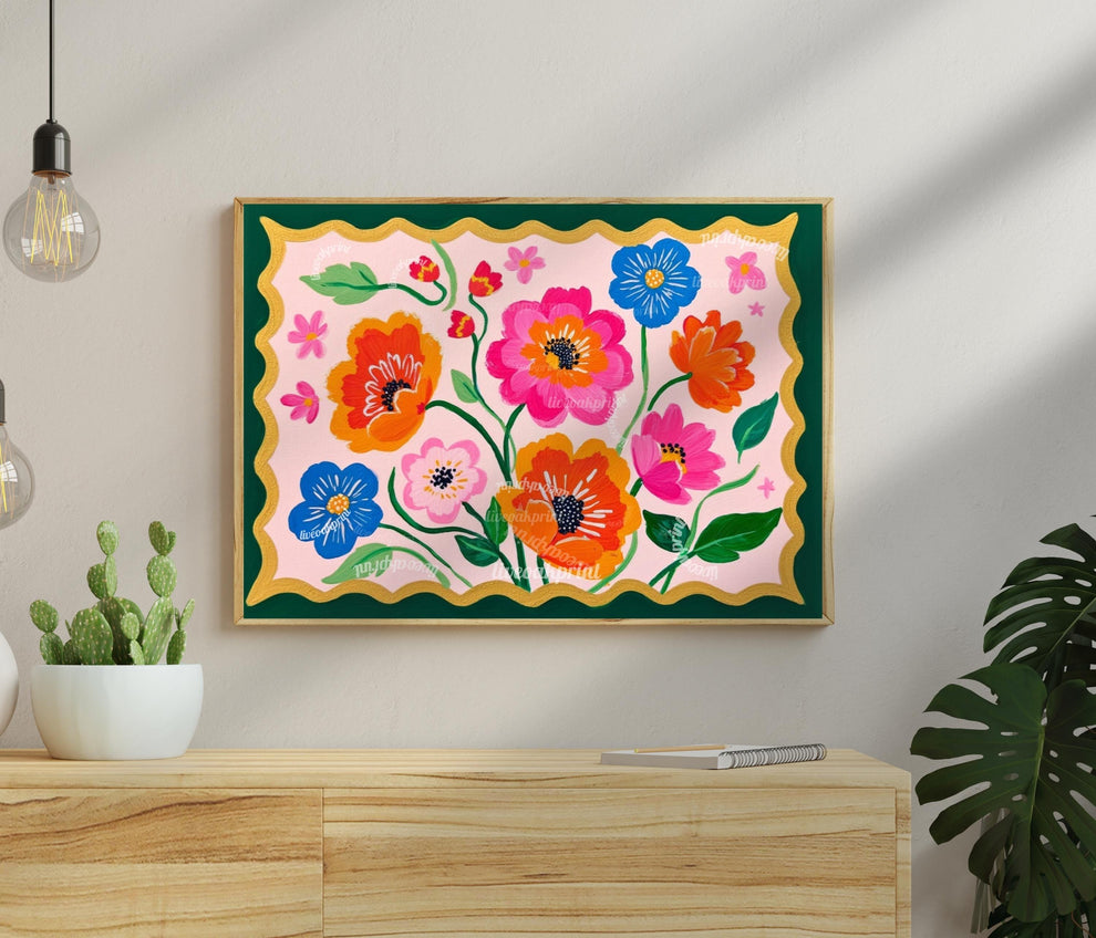 Floral Wall Art – Bold Folk Art Flower Print with Dark Green Border – Colorful Botanical Home Decor