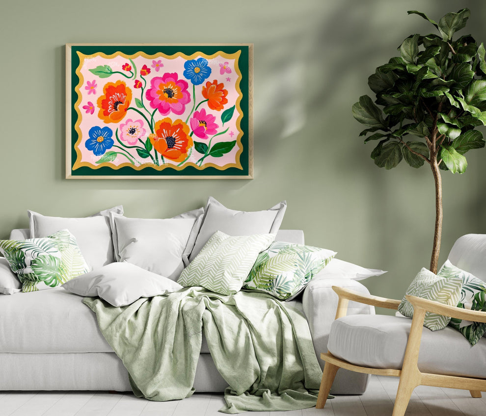 Floral Wall Art – Bold Folk Art Flower Print with Dark Green Border – Colorful Botanical Home Decor