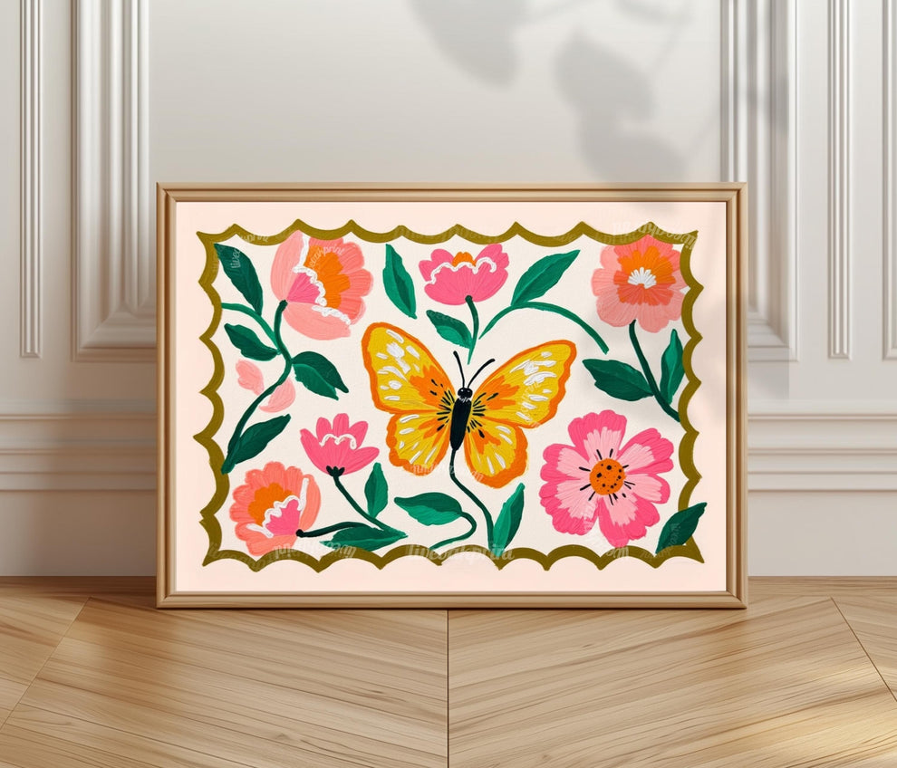 Horizontal Butterfly Wall Art – Yellow and Pink Floral Print – Whimsical Cottagecore Home Decor