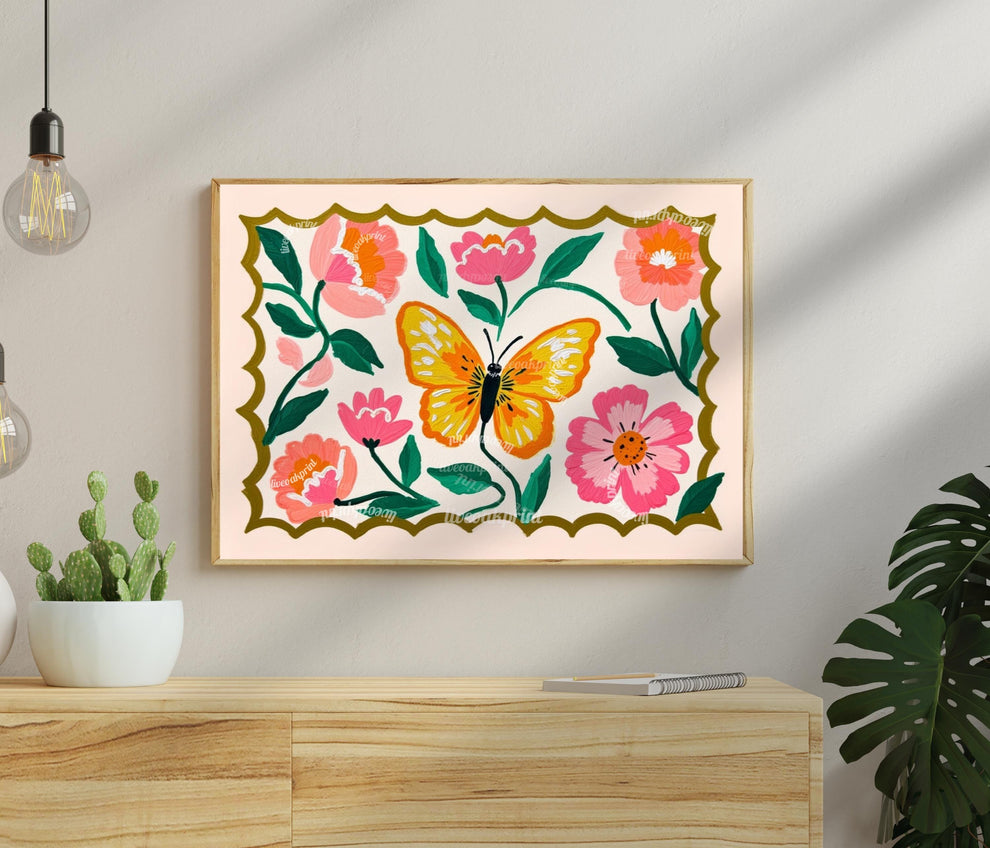 Horizontal Butterfly Wall Art – Yellow and Pink Floral Print – Whimsical Cottagecore Home Decor