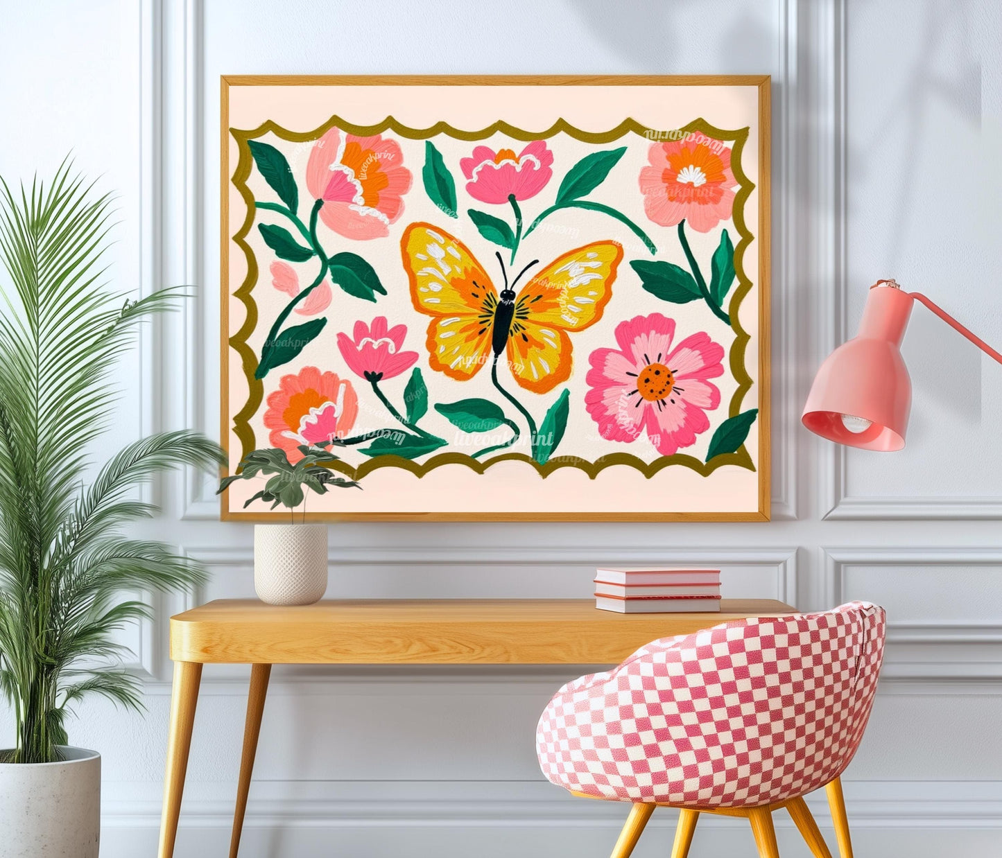 Horizontal Butterfly Wall Art – Yellow and Pink Floral Print – Whimsical Cottagecore Home Decor