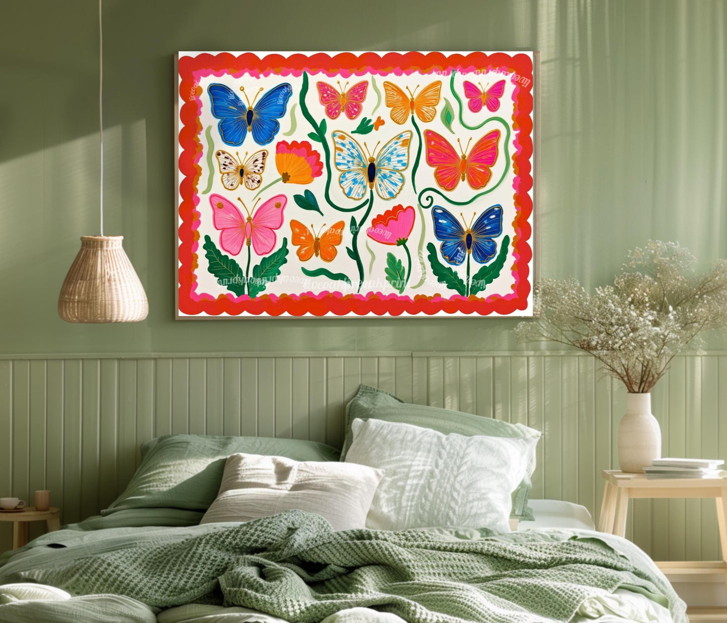 Horizontal Butterfly Wall Art – Yellow and Pink Floral Print – Whimsical Cottagecore Home Decor