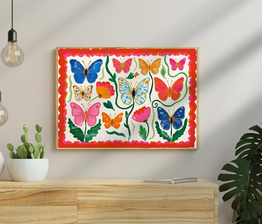 Horizontal Butterfly Wall Art – Yellow and Pink Floral Print – Whimsical Cottagecore Home Decor