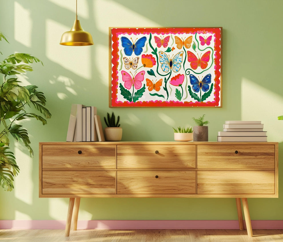 Horizontal Butterfly Wall Art – Yellow and Pink Floral Print – Whimsical Cottagecore Home Decor