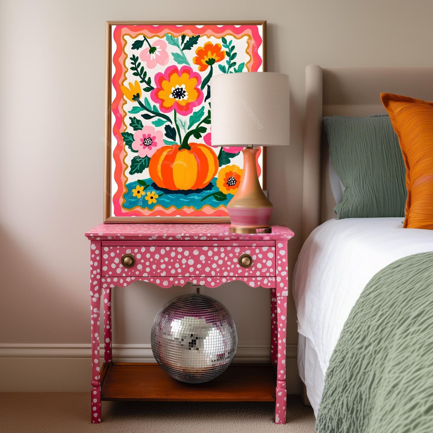 Pumpkin Wall Art – Colorful Folk Art Floral Print – Autumn Cottagecore Home Decor