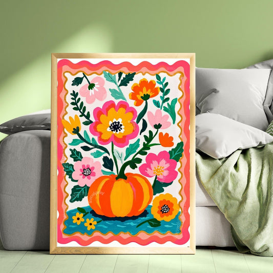 Pumpkin Wall Art – Colorful Folk Art Floral Print – Autumn Cottagecore Home Decor