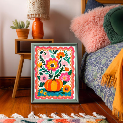 Pumpkin Wall Art – Colorful Folk Art Floral Print – Autumn Cottagecore Home Decor