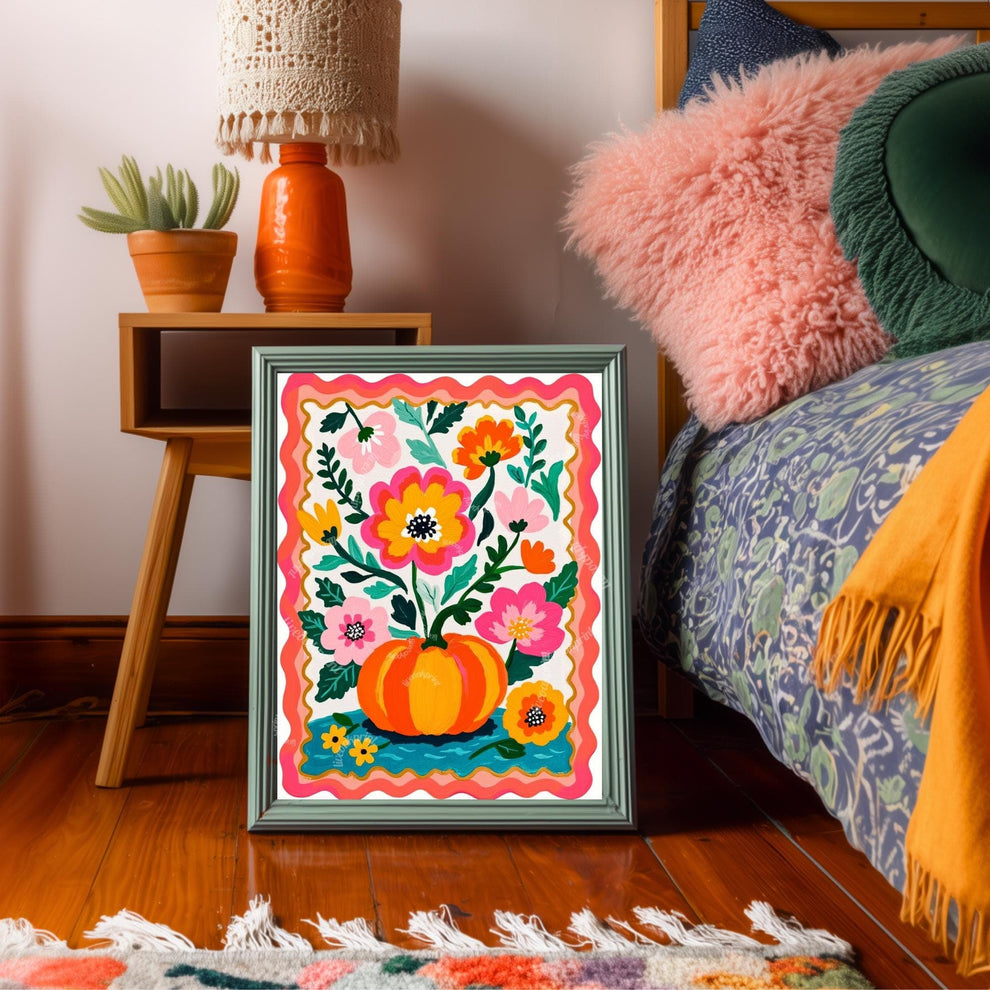 Pumpkin Wall Art – Colorful Folk Art Floral Print – Autumn Cottagecore Home Decor