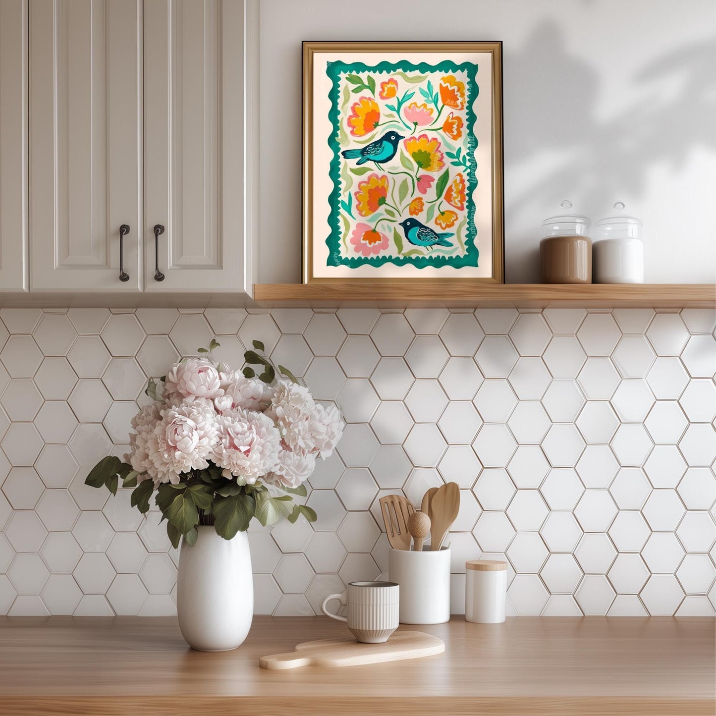 Bird Wall Art – Colorful Folk Art Floral Print – Funky Bird Wall Decor - Blue Wall Art For Kitchen