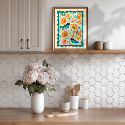 Bird Wall Art – Colorful Folk Art Floral Print – Funky Bird Wall Decor - Blue Wall Art For Kitchen