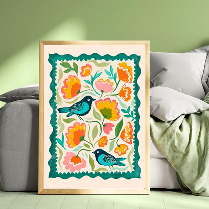 Bird Wall Art – Colorful Folk Art Floral Print – Funky Bird Wall Decor - Blue Wall Art For Kitchen