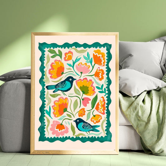 Bird Wall Art – Colorful Folk Art Floral Print – Funky Bird Wall Decor - Blue Wall Art For Kitchen