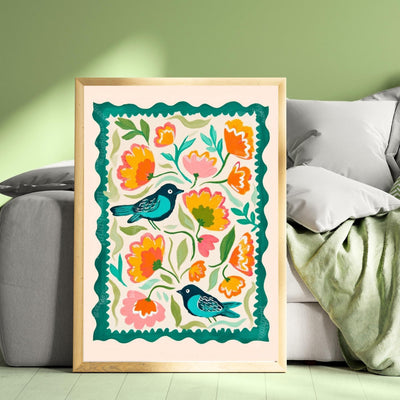 Bird Wall Art – Colorful Folk Art Floral Print – Funky Bird Wall Decor