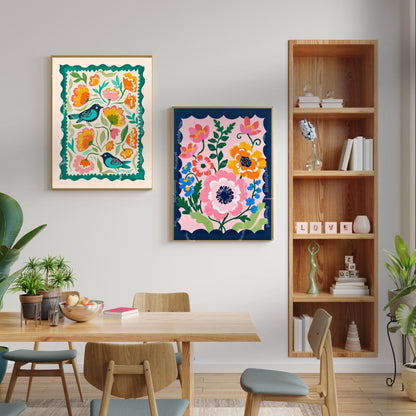 Bird Wall Art – Colorful Folk Art Floral Print – Funky Bird Wall Decor - Blue Wall Art For Kitchen