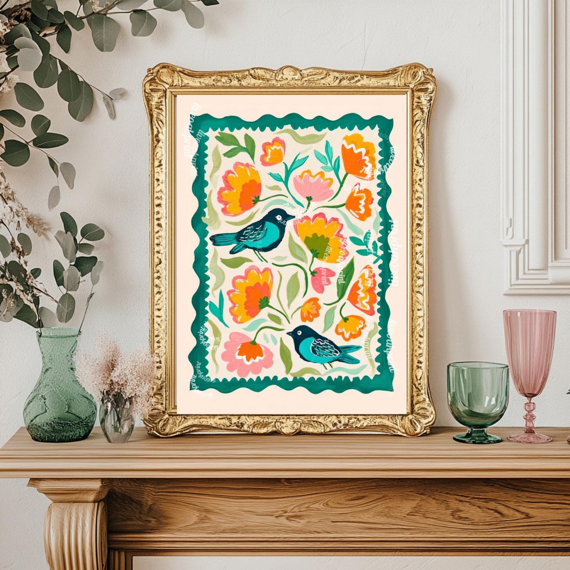 Bird Wall Art – Colorful Folk Art Floral Print – Funky Bird Wall Decor - Blue Wall Art For Kitchen