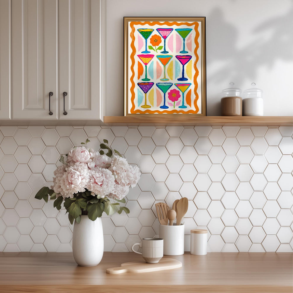 Cocktail Wall Art – Colorful Folk Art Drink Print – Maximalist Retro Bar Cart Decor and Funky Kitchen Décor