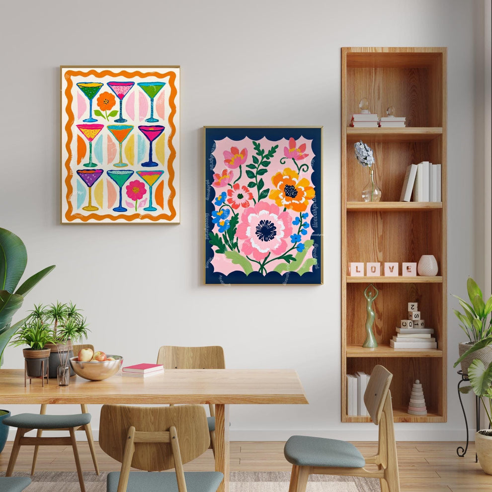 Cocktail Wall Art – Colorful Folk Art Drink Print – Maximalist Retro Bar Cart Decor and Funky Kitchen Décor