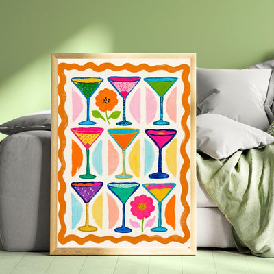 Cocktail Wall Art – Colorful Folk Art Drink Print – Maximalist Retro Bar Cart Decor and Funky Kitchen Décor