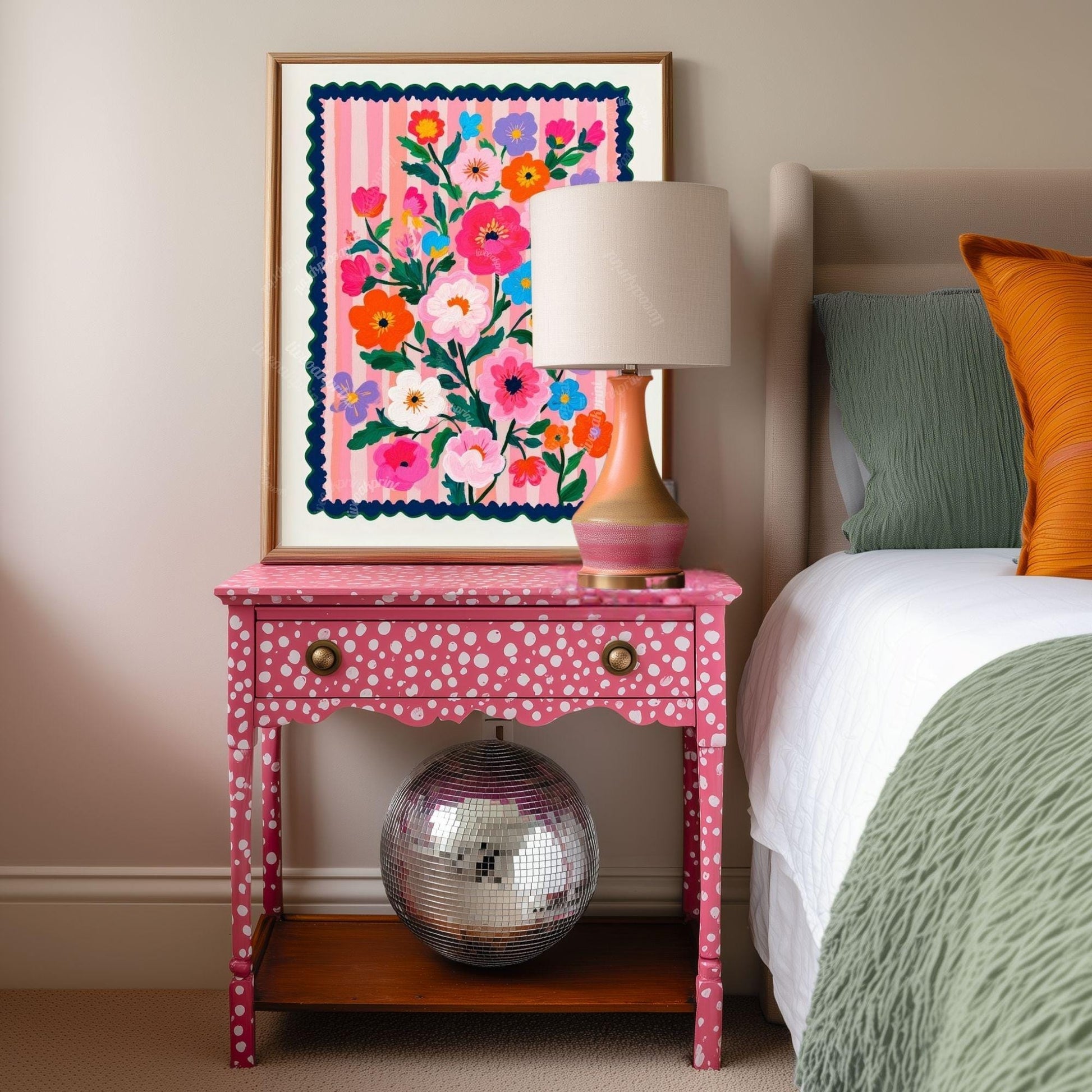Pink and Navy Floral Wall Art - Retro Floral Art Print - Midcentury Modern Home Decor Wall Art for Living Room