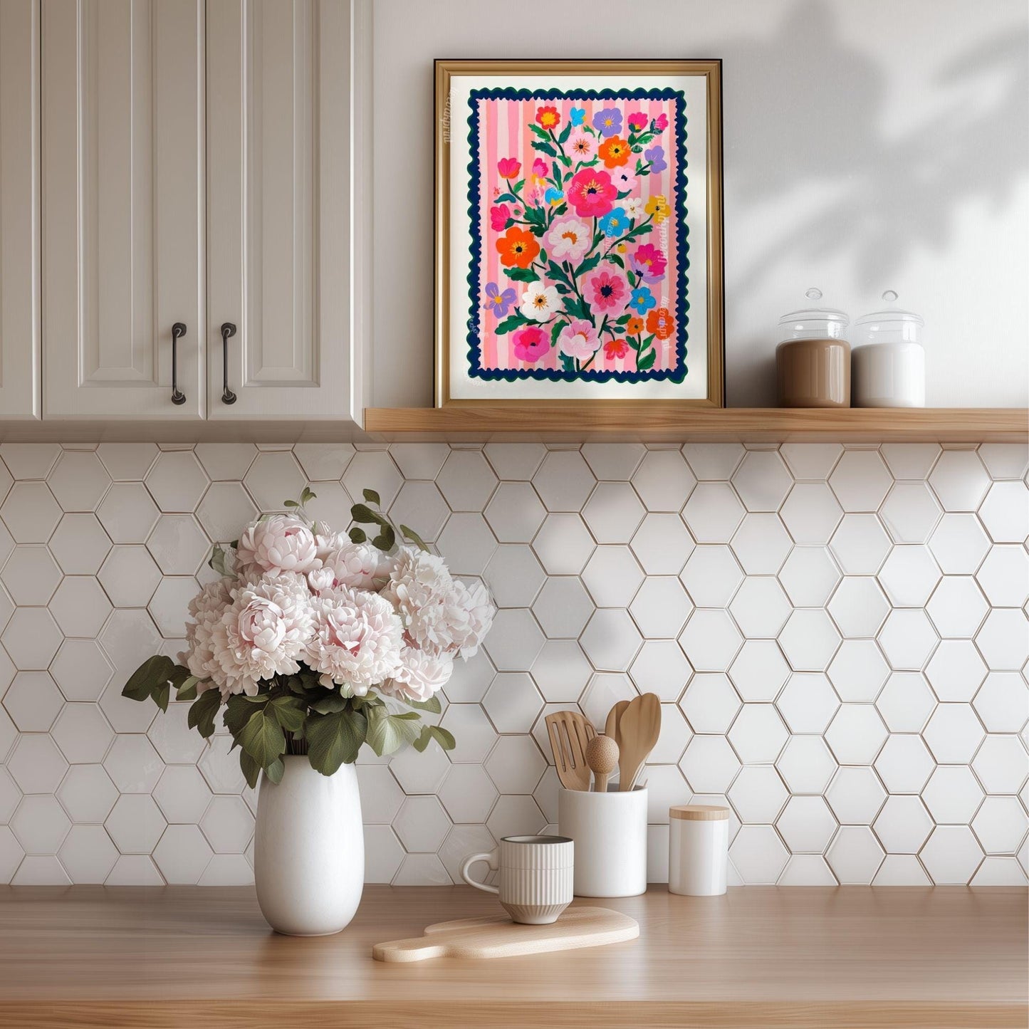 Pink and Navy Floral Wall Art - Retro Floral Art Print - Midcentury Modern Home Decor Wall Art for Living Room
