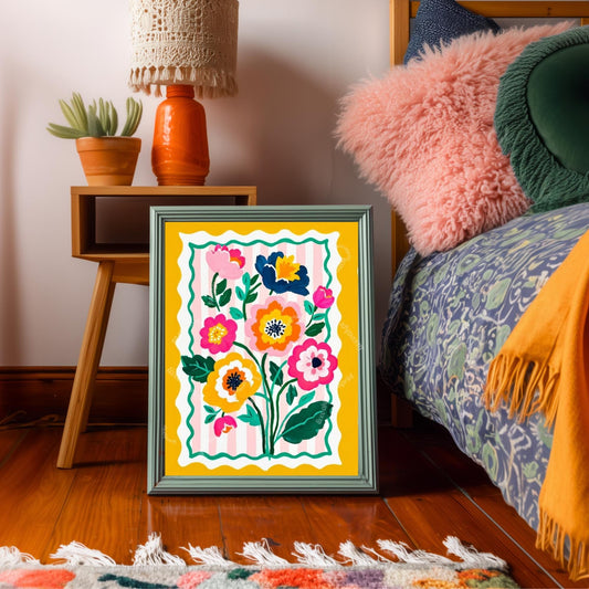 Yellow Floral Wall Art - Retro Floral Art Print - Midcentury Modern Home Decor Wall Art for Living Room