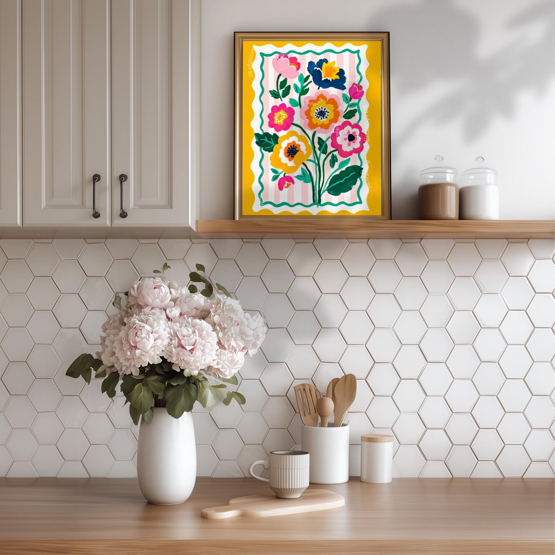 Yellow Floral Wall Art - Retro Floral Art Print - Midcentury Modern Home Decor Wall Art for Living Room