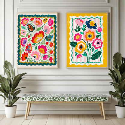 Yellow Floral Wall Art - Retro Floral Art Print - Midcentury Modern Home Decor Wall Art for Living Room