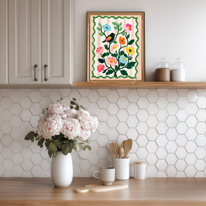 Bird and Flowers Wall Art - Retro Floral Art Print - Midcentury Modern Home Decor Wall Art for Living Room